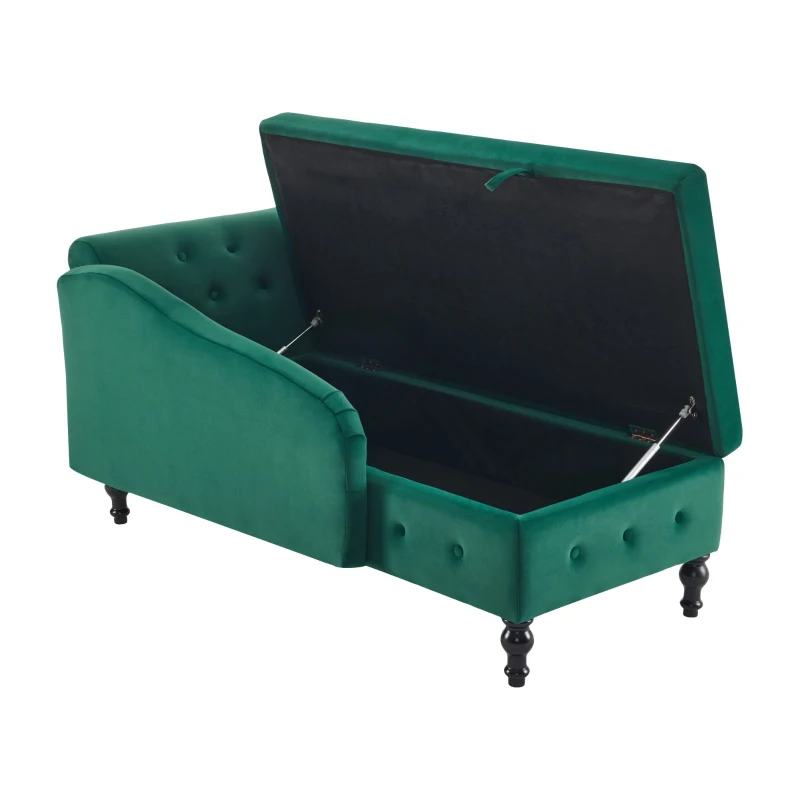Velvet Upholstered Lounger Sofa with Storage, Pillow, Nailhead-Trim, Button-Tufted Lounge Chair, 144L x 62W x 69H cm, Green