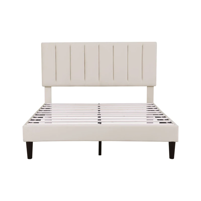 Double Upholstered Velvet Bed Frame with Adjustable Headboard, Solid Wood Slats, Noise-Free Design, 194L x 140W x 110H cm, Beige