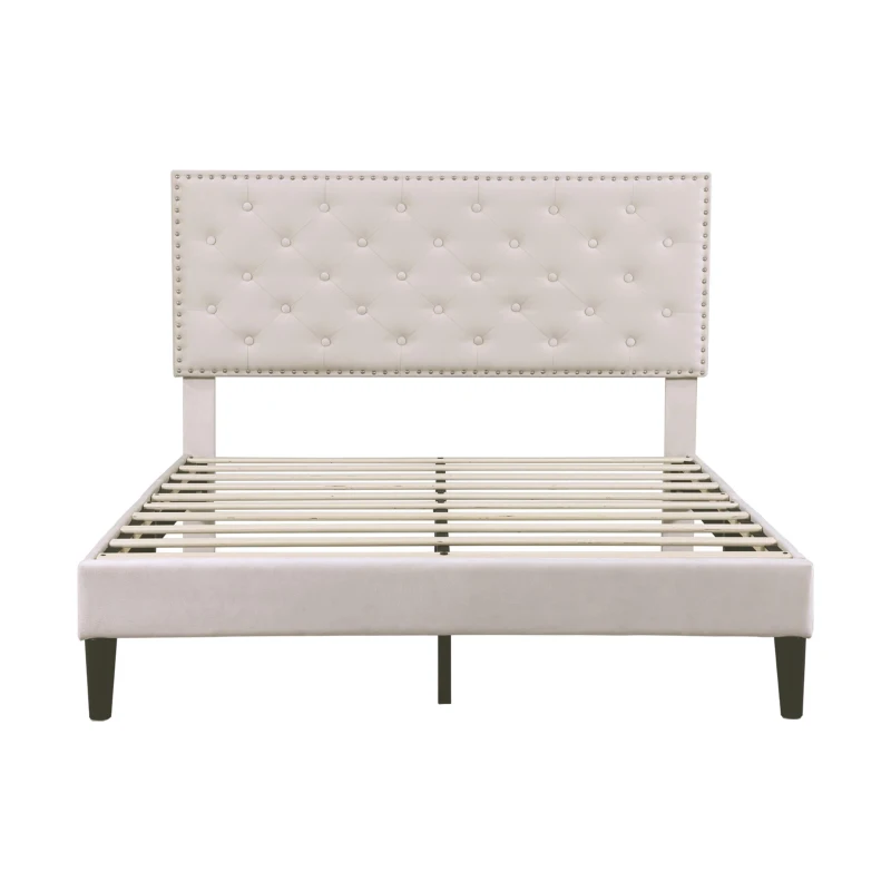 Double Upholstered Velvet Bedstead with Button-Tufted Headboard, Noise-Free Design, Solid Wood Slats, 193L x 141W x 110H cm, Beige