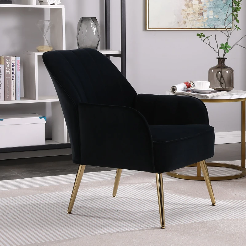 Freizeitstuhl mit Bezug in Samtoptik, Ergonomisches Design, 64x72,8x77,9 cm, Schwarz