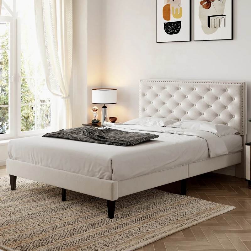 Double Upholstered Velvet Bedstead with Button-Tufted Headboard, Noise-Free Design, Solid Wood Slats, 193L x 141W x 110H cm, Beige