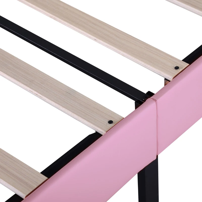 Button-Tufted High Headboard Bed with Solid Wood Slat, Pink Double Bed for Bedroom, Easy Assembly, 199.5L x 139W x 110H cm, Beige+Pink