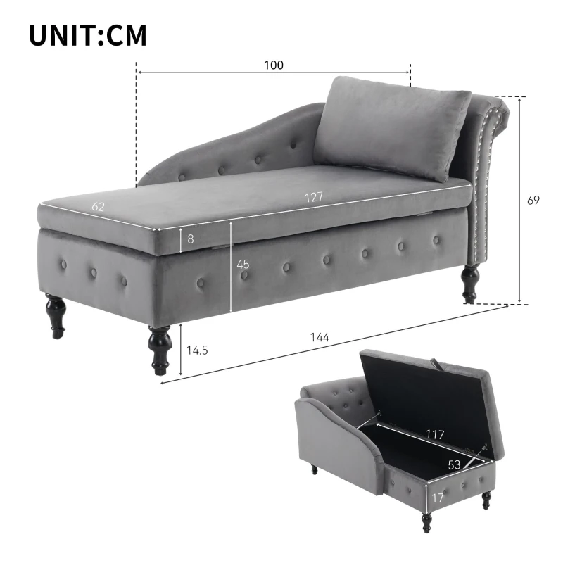 Luxious Designed Velvet Chaise Sofa Bed with Storage, Rectangle Cushion, Button-Tufted Lounge Chair for Bedroom, 144L x 62W x 69H cm, Grey