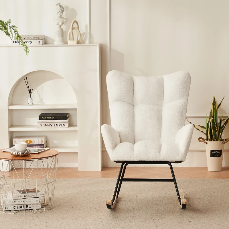 Fauteuil à bascule moderne avec dossier haut et accoudoirs, chaises confortables et uniques adaptées pour le salon, la chambre et les cours intérieures, Blanc