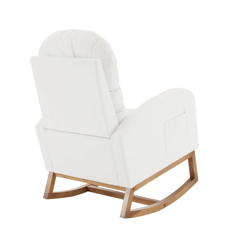 Fauteuil à bascule avec pieds en bois massif, fauteuil lounge pour salon, chambre et balcon, fauteuil rembourré avec mousse haute élasticité, 68,5 L x 88 l  x 101 Hcm, Blanc