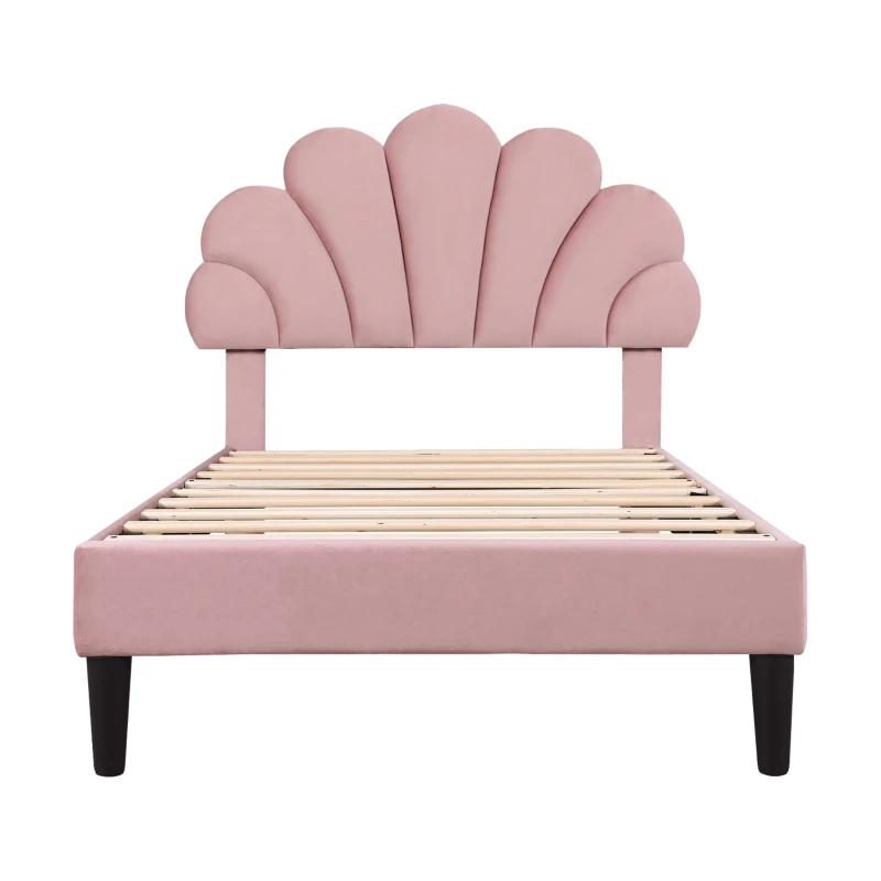 3FT Single Upholstered Velvet Bed Frame with Adjustable Petal Headboard, No Box Spring Needed, Easy Assembly, 194L x 107W x 107H cm, Pink