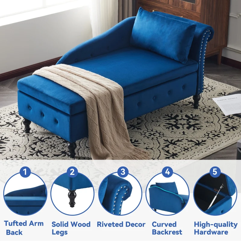 Velvet Upholstered Chaise Sofa Bed with Storage, Pillow, Nailhead-Trim, Button-Tufted Lounge Chair, 144L x 62W x 69H cm, Blue