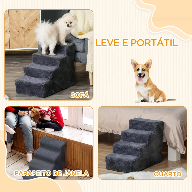 PawHut Escada para Animais de Estimação com 4 Degraus Capa Removível e Lavável Escada para Cães Gatos 60x35x44 cm Cinza Escuro