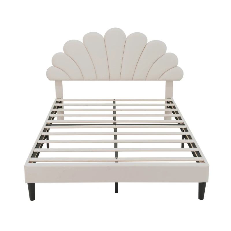 Double Upholstered Velvet Bed Frame with Adjustable Petal Headboard, Solid Wood Slat, No Box Spring Needed, Easy Assembly, Beige