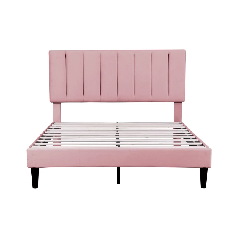 Double Upholstered Velvet Bedstead with Adjustable Tufted Headboard, Solid Wood Slats, Noise-Free Design, 194L x 140W x 110H cm, Pink