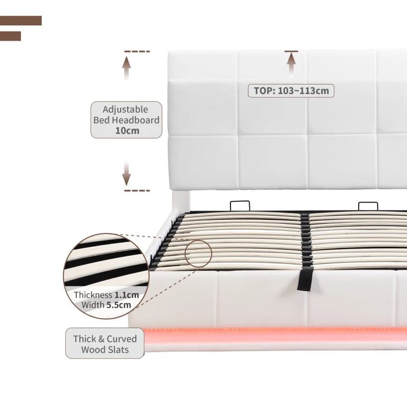 4FT6 Double Ottoman Lift Storage Upholstered Bed Frame with LED Lighting, Gas Lift Storage, 195L x 139W x 113H cm, White