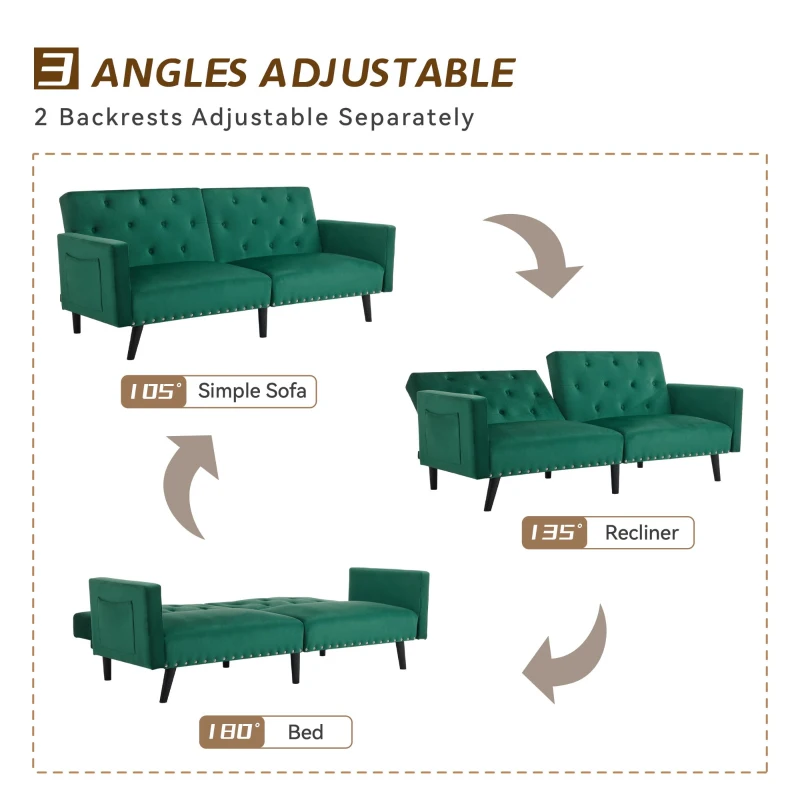 Adjustable Velvet 2-Seater Sofa Bed with Storage Pockets, Removable Armrests, Button-Tufted Recliner Couch, 191L x 85W x 80H cm, Green