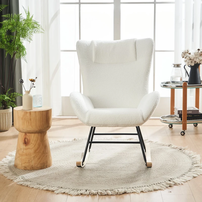 Fauteuil à bascule de loisirs avec dossiers ergonomiques et accoudoirs porteurs, en velours Teddy confortable, Blanc