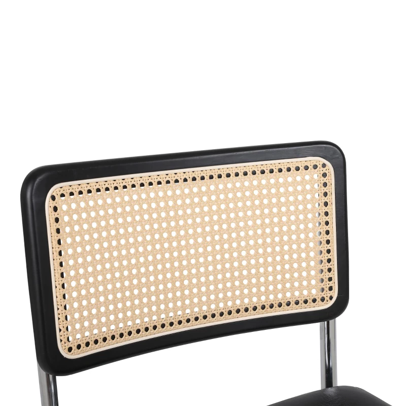 Lot de 2 chaises en rotin avec éléments rembourrés en similicuir, dossier en maille sans accoudoirs, pieds en métal chromé, Noir