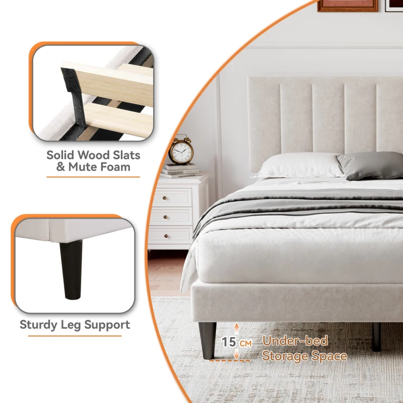 Double Upholstered Velvet Bed Frame with Adjustable Headboard, Solid Wood Slats, Noise-Free Design, 194L x 140W x 110H cm, Beige