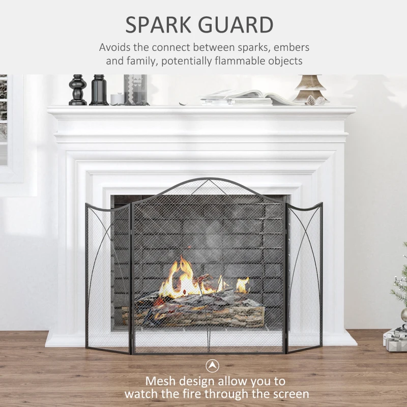 HOMCOM Parascântei pentru Șemineu din 3 Părți Pliabil cu Decorațiuni, Paravan de Protecție din Metal, 126x2x76 cm, Negru