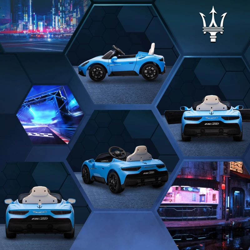 AIYAPLAY Carro Elétrico para Crianças com Licença Maserati MC20 com Bateria 12V Controlo Remoto Farois Buzina e Música 105x65,5x42 cm Azul