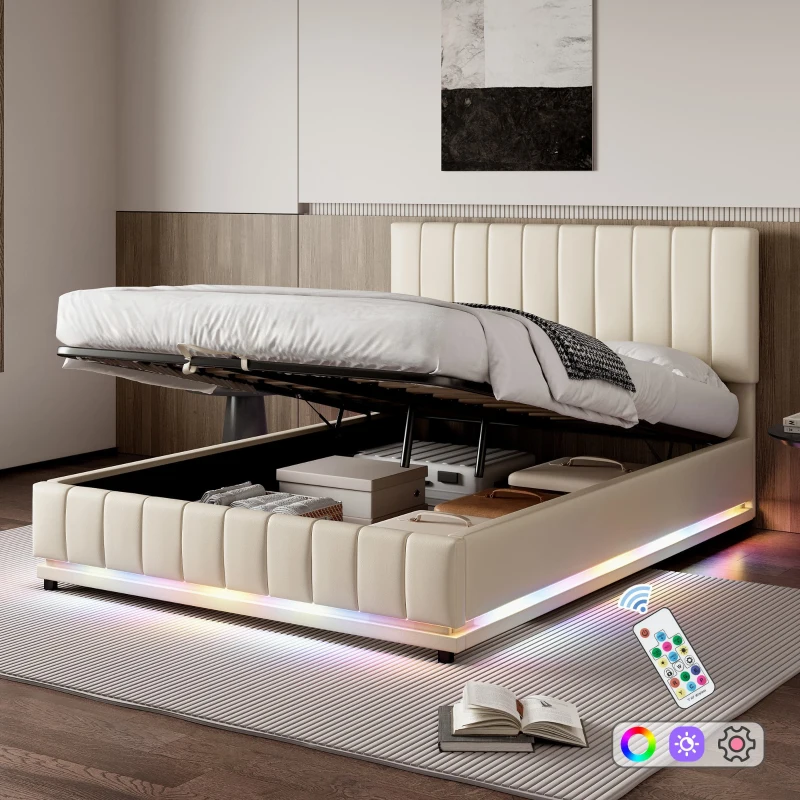 PU Leather Ottoman Bed Frame with LED Lighting, Hydraulic Storage and Channel Tufted Headboard, 201L x 147W x 114H cm, Beige