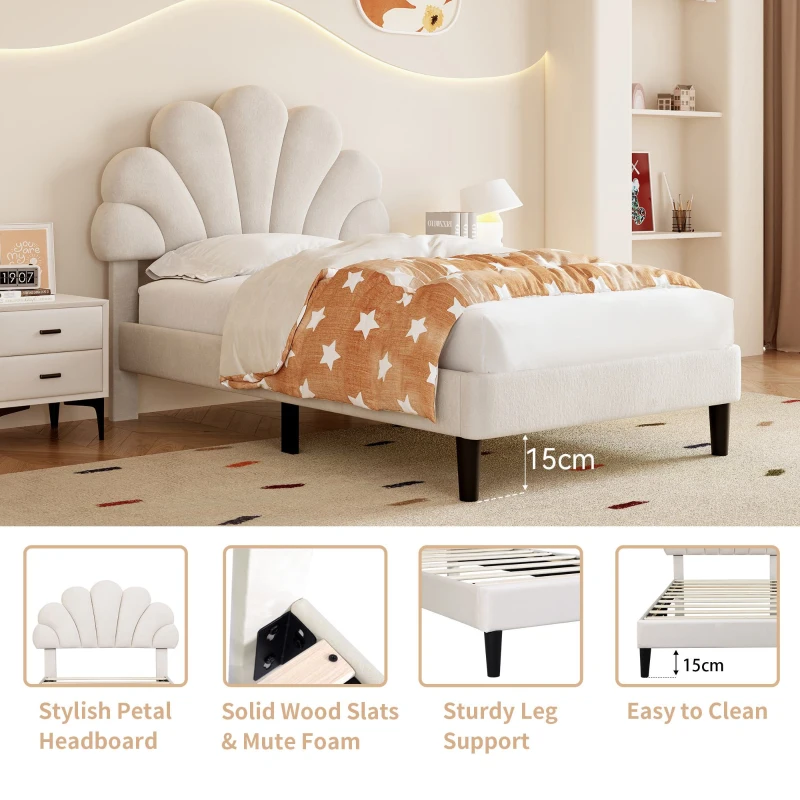 3FT Single Upholstered Velvet Bed Frame with Adjustable Petal Headboard, No Box Spring Needed, Easy Assembly, 194L x 107W x 107H cm, Beige