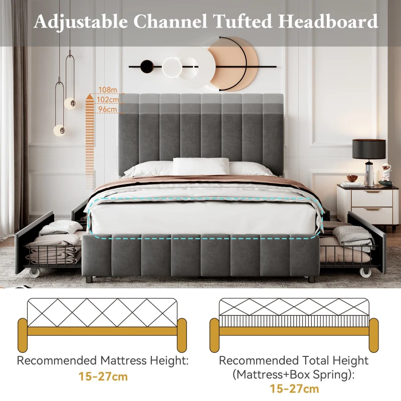 Velvet Double Upholstered Bed with 4 Storage Drawers and Adjustable Channel Tufted Headboard, Easy Assembly, 196L x 143W x 108H cm, Grey