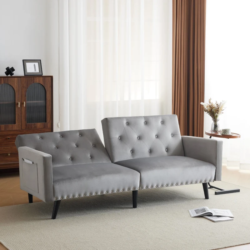 Adjustable Velvet Couch Bed with Storage Pockets, Removable Armrests, Button-Tufted 2 Seater Settee, 191L x 85W x 80H cm, Light Gray