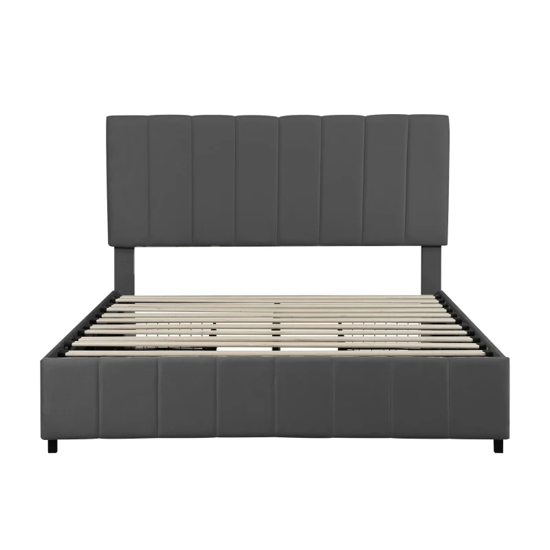 Velvet Double Upholstered Bed with 4 Storage Drawers and Adjustable Channel Tufted Headboard, Easy Assembly, 196L x 143W x 108H cm, Grey