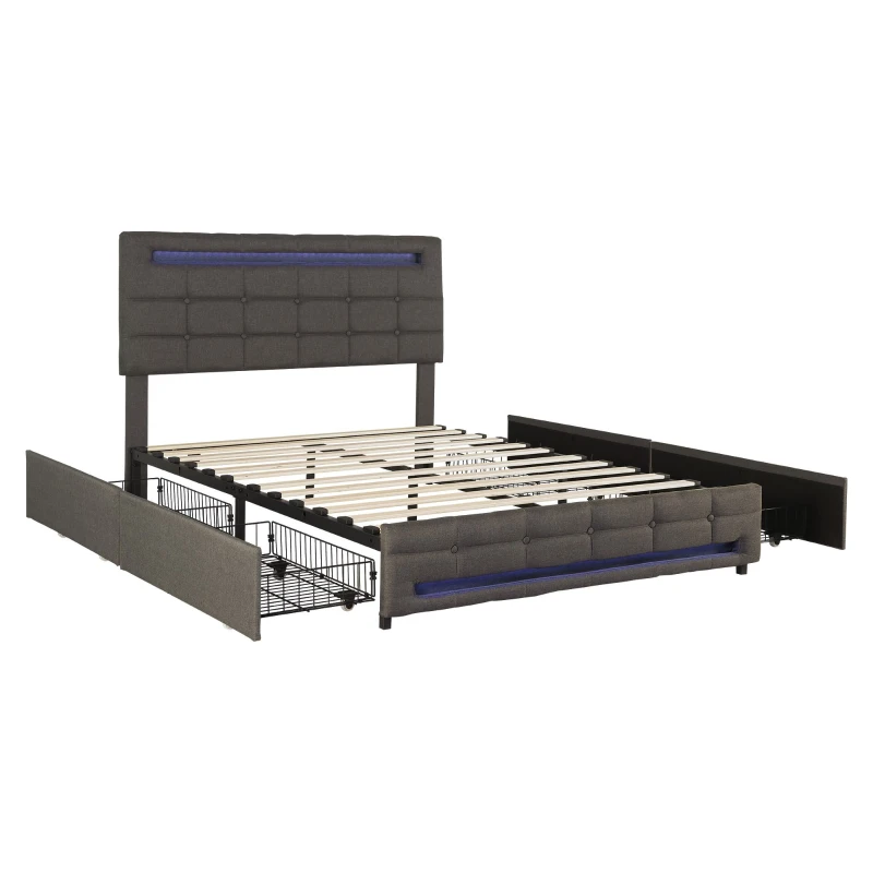 Double Upholstered Bed with LED Lighting and Storage Drawers, Adjustable Headboard, Easy Assembly, 198.5L x 143W x 107.5H cm, Grey