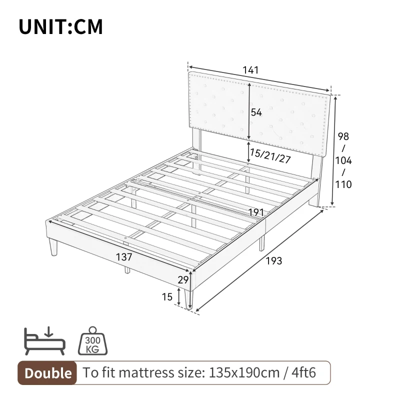 Upholstered Bed Frame with Adjustable Button-Tufted Headboard, Solid Wood Slats, Easy Assembly, 193L x 141W x 110H cm, Grey