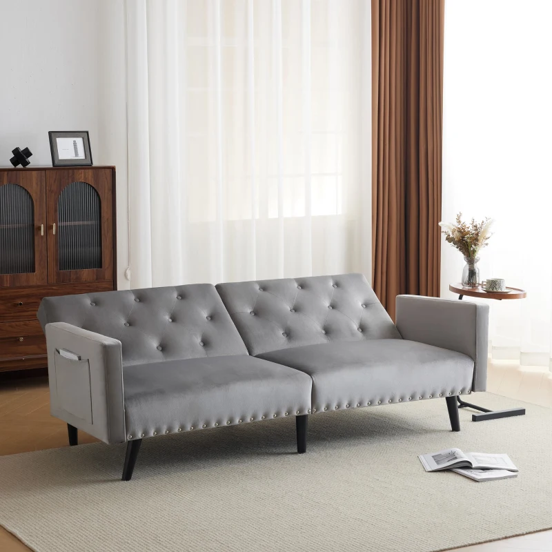Adjustable Velvet Couch Bed with Storage Pockets, Removable Armrests, Button-Tufted 2 Seater Settee, 191L x 85W x 80H cm, Light Gray