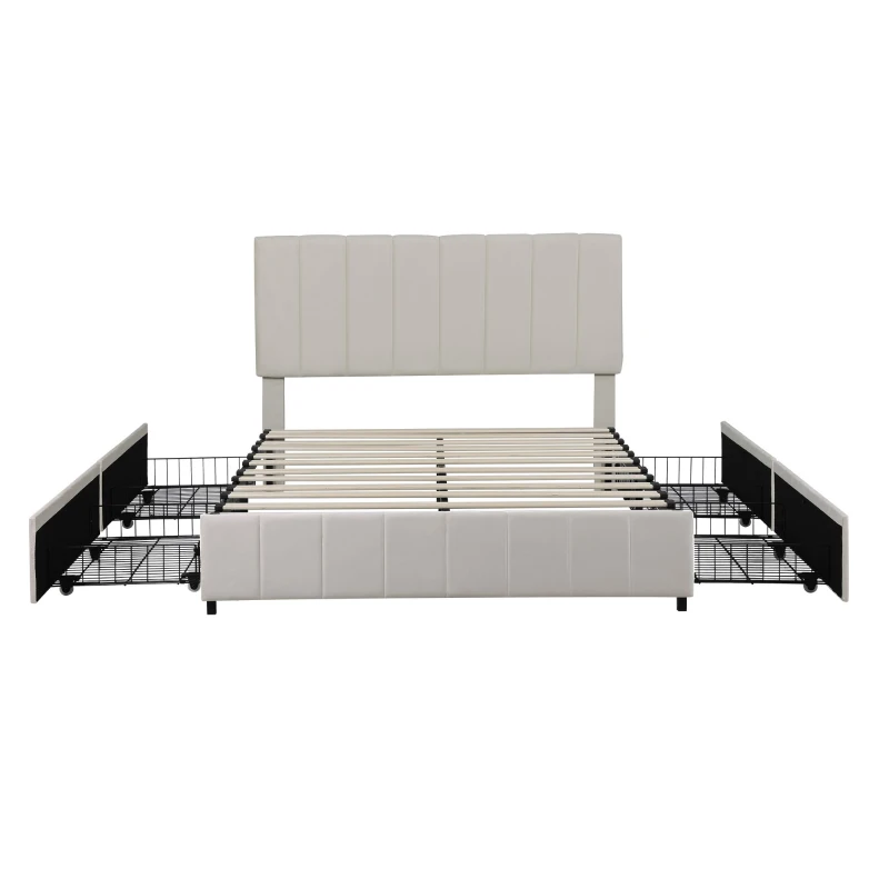 Velvet Double Upholstered Bed with 4 Storage Drawers and Adjustable Channel Tufted Headboard, Easy Assembly, 196L x 143W x 108H cm, Beige