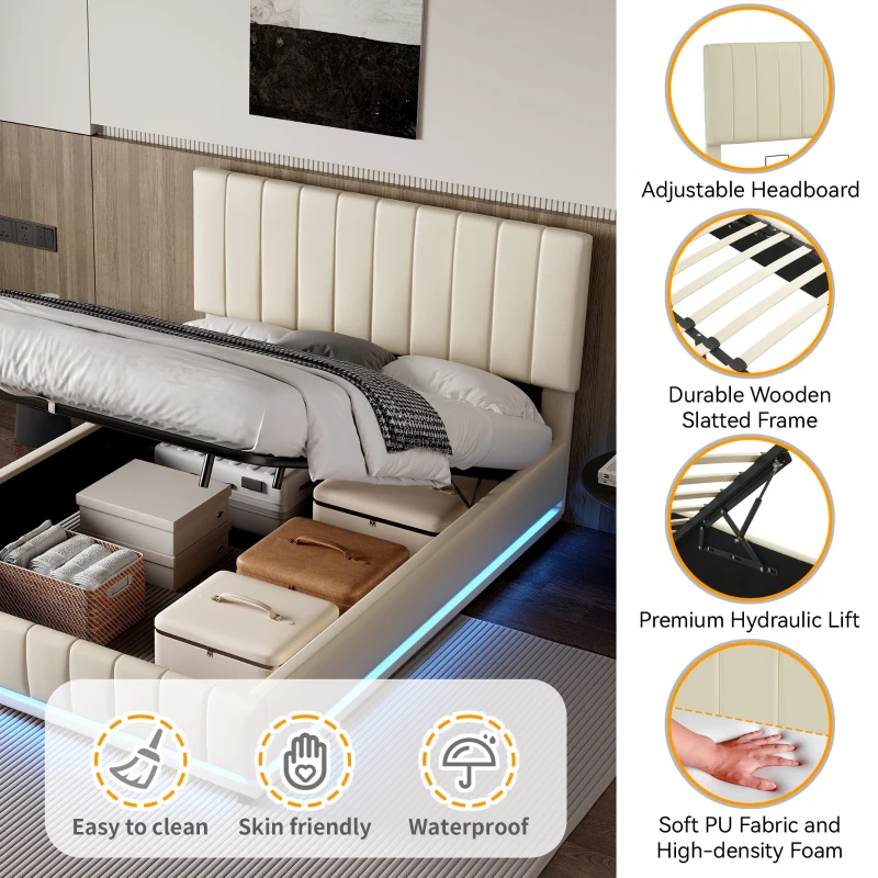 PU Leather Ottoman Bed Frame with LED Lighting, Hydraulic Storage and Channel Tufted Headboard, 201L x 147W x 114H cm, Beige