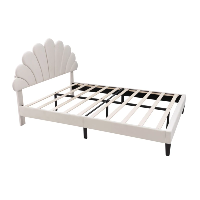 Double Upholstered Velvet Bed Frame with Adjustable Petal Headboard, Solid Wood Slat, No Box Spring Needed, Easy Assembly, Beige