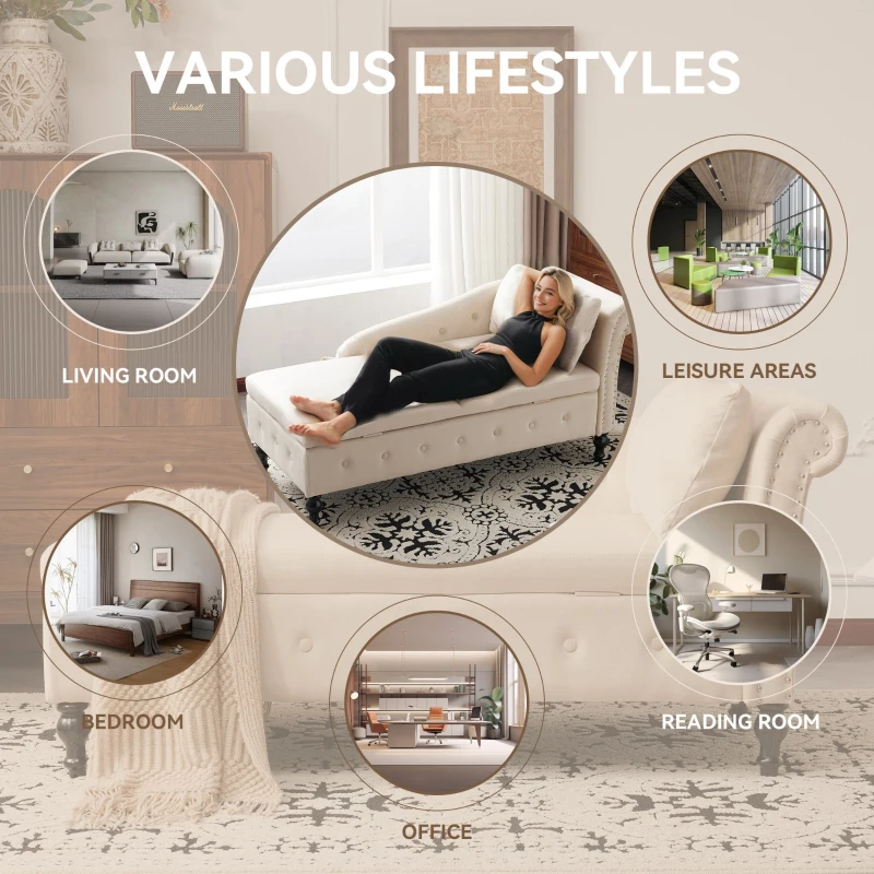 Luxious Designed Velvet Chaise Sofa Bed with Storage, Rectangle Cushion, Button-Tufted Lounge Chair for Bedroom, 144L x 62W x 69H cm, Beige