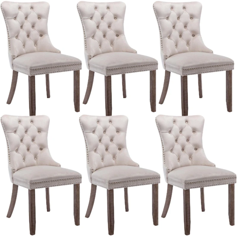 Set of 6 Velvet Upholstered Dining Chairs with High Back and Brushed Wood Legs, Tufted Kitchen Lounge Chairs, 51L x 63.5W x 98H cm, Beige
