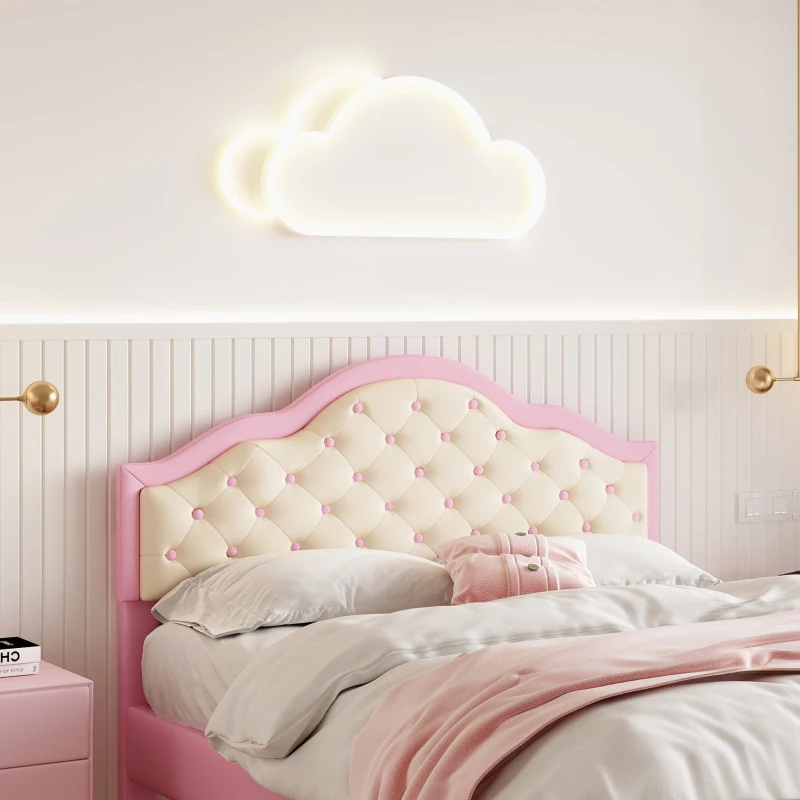 Button-Tufted High Headboard Bed with Solid Wood Slat, Pink Double Bed for Bedroom, Easy Assembly, 199.5L x 139W x 110H cm, Beige+Pink