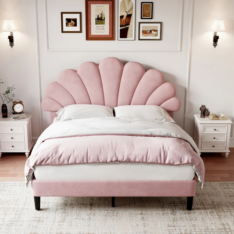 Double Upholstered Velvet Bed Frame with Adjustable Petal Headboard, Solid Wood Slat, No Box Spring Needed, Easy Assembly, Pink