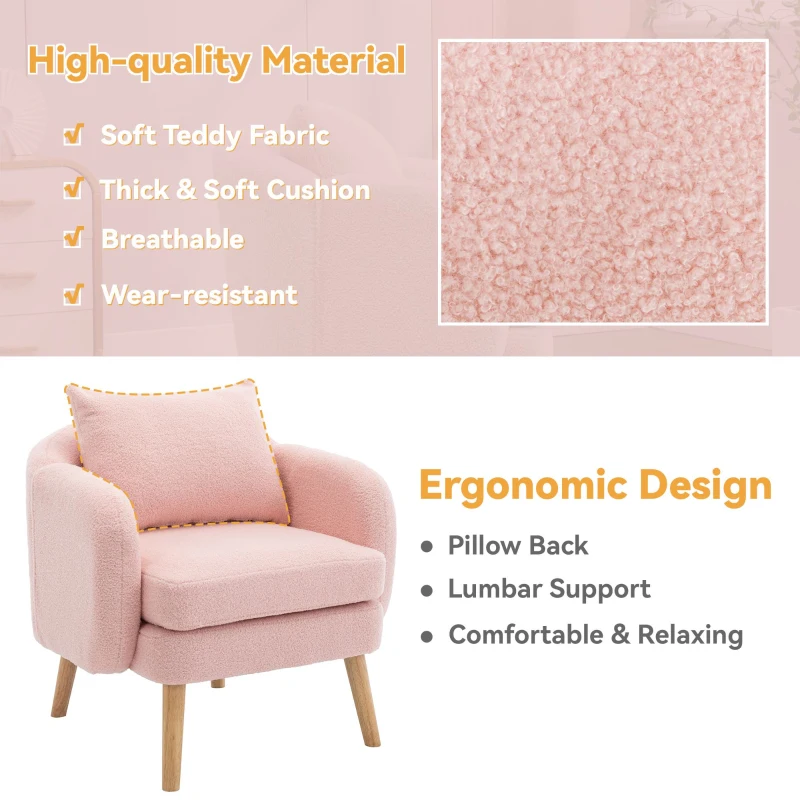 Teddy Velvet Armchair with Extra Thick Cushion, Solid Wood Legs, Modern Cozy Lounge Chair for Living Room, 72L x 71W x 79H cm, Pink