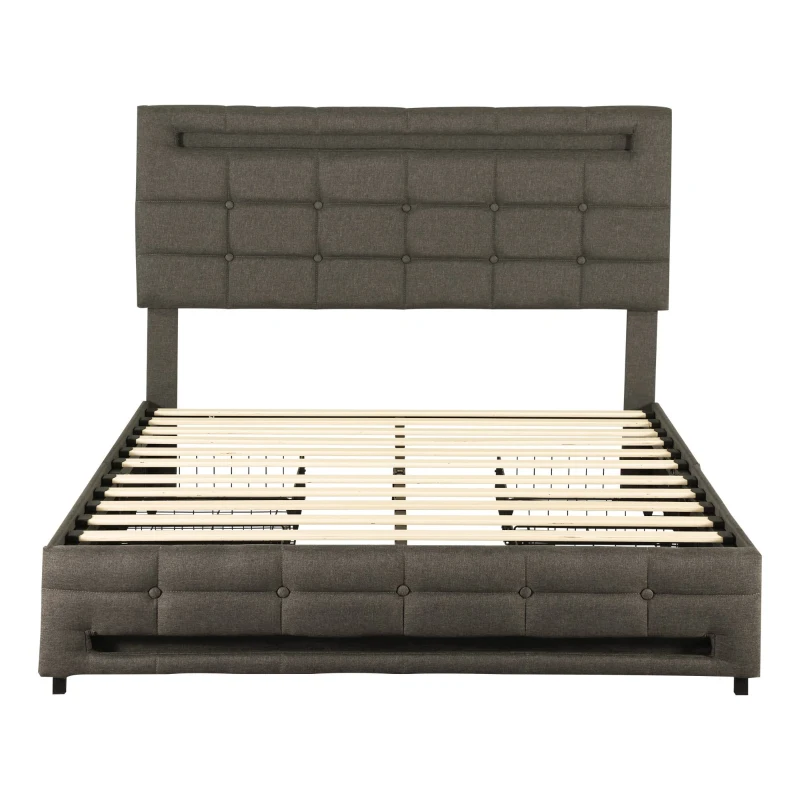 Double Upholstered Bed with LED Lighting and Storage Drawers, Adjustable Headboard, Easy Assembly, 198.5L x 143W x 107.5H cm, Grey