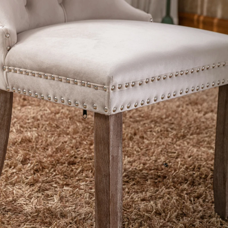 Set of 4 Velvet Upholstered Dining Chairs with High Back and Brushed Wood Legs, Tufted Kitchen Lounge Chairs, 51L x 63.5W x 98H cm, Beige