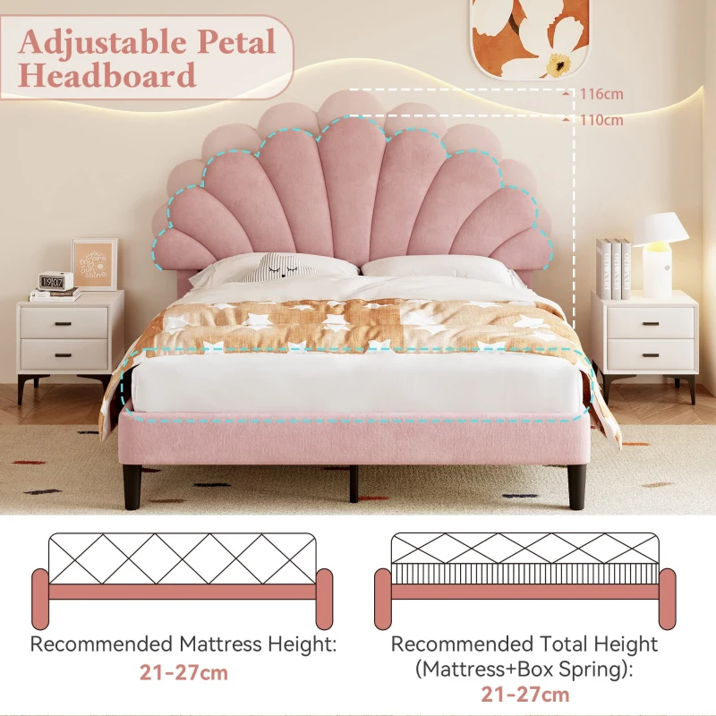 Double Upholstered Velvet Bed Frame with Adjustable Petal Headboard, Solid Wood Slat, No Box Spring Needed, Easy Assembly, Pink