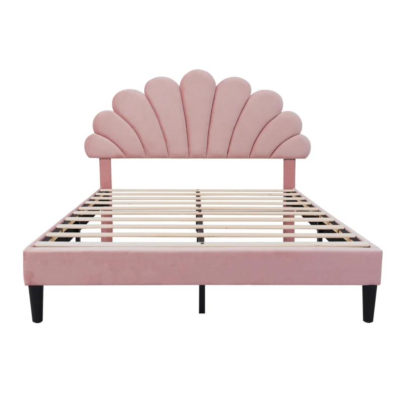 Double Upholstered Velvet Bed Frame with Adjustable Petal Headboard, Solid Wood Slat, No Box Spring Needed, Easy Assembly, Pink