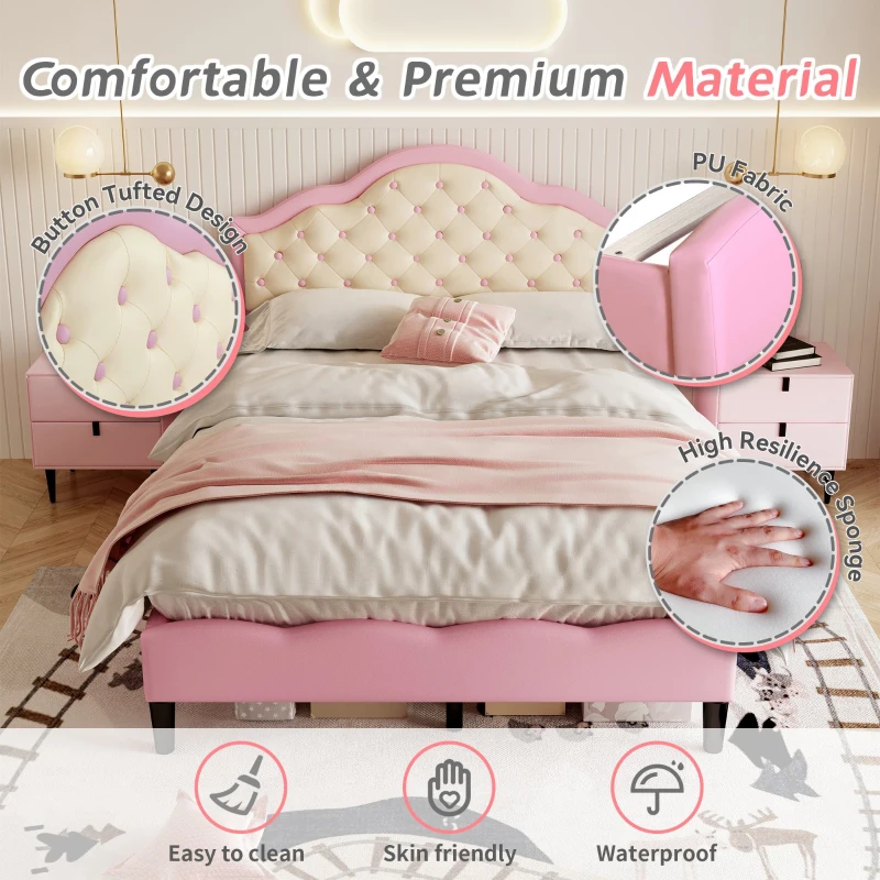 Button-Tufted High Headboard Bed with Solid Wood Slat, Pink Double Bed for Bedroom, Easy Assembly, 199.5L x 139W x 110H cm, Beige+Pink
