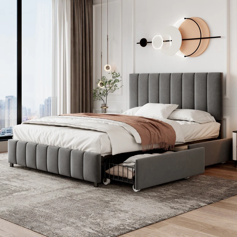 Velvet Double Upholstered Bed with 4 Storage Drawers and Adjustable Channel Tufted Headboard, Easy Assembly, 196L x 143W x 108H cm, Grey