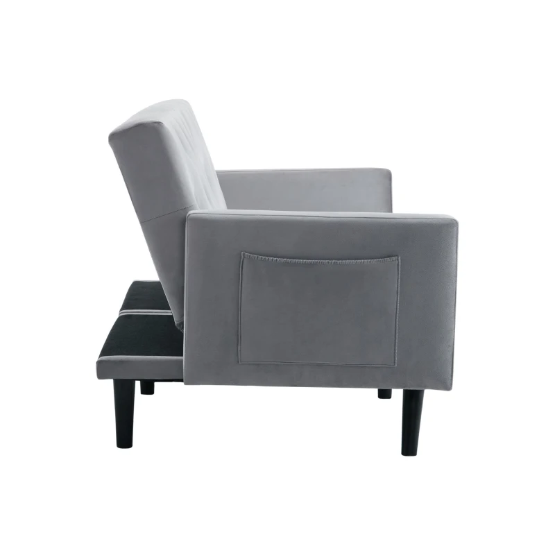 Adjustable Velvet Couch Bed with Storage Pockets, Removable Armrests, Button-Tufted 2 Seater Settee, 191L x 85W x 80H cm, Light Gray