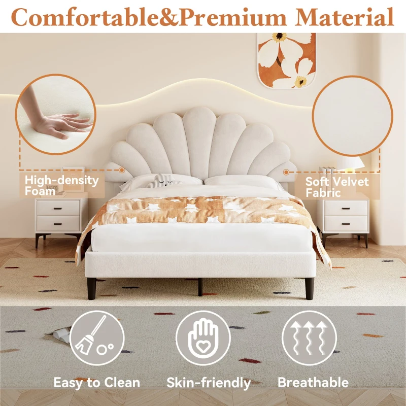 Double Upholstered Velvet Bed Frame with Adjustable Petal Headboard, Solid Wood Slat, No Box Spring Needed, Easy Assembly, Beige
