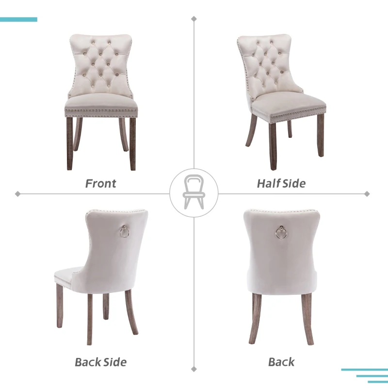 Set of 4 Velvet Upholstered Dining Chairs with High Back and Brushed Wood Legs, Tufted Kitchen Lounge Chairs, 51L x 63.5W x 98H cm, Beige