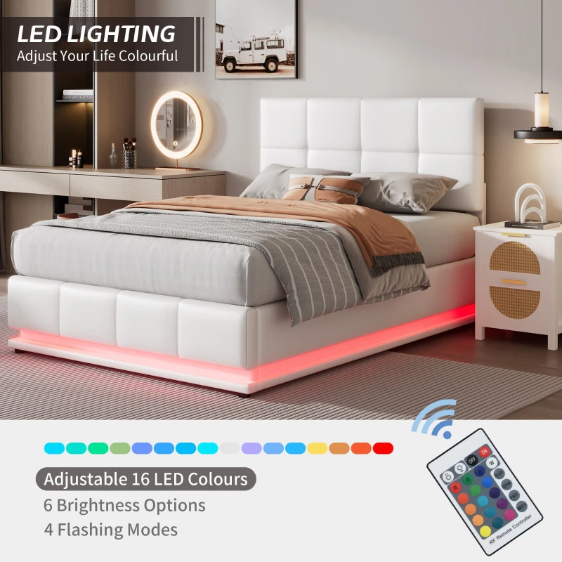 4FT6 Double Ottoman Lift Storage Upholstered Bed Frame with LED Lighting, Gas Lift Storage, 195L x 139W x 113H cm, White