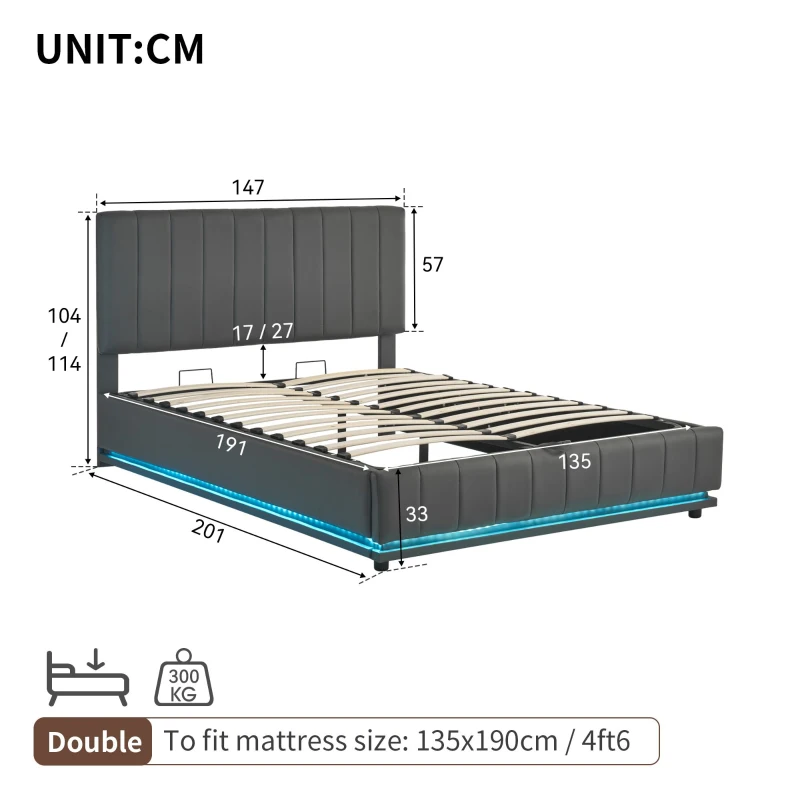 Upholstered Double Bed with Storage, LED Lighting, Channel Tufted Headboard, Modern PU Leather Ottoman Bed, 201L x 147W x 114H cm, Grey