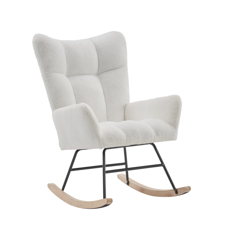 Fauteuil à bascule moderne avec dossier haut et accoudoirs, chaises confortables et uniques adaptées pour le salon, la chambre et les cours intérieures, Blanc