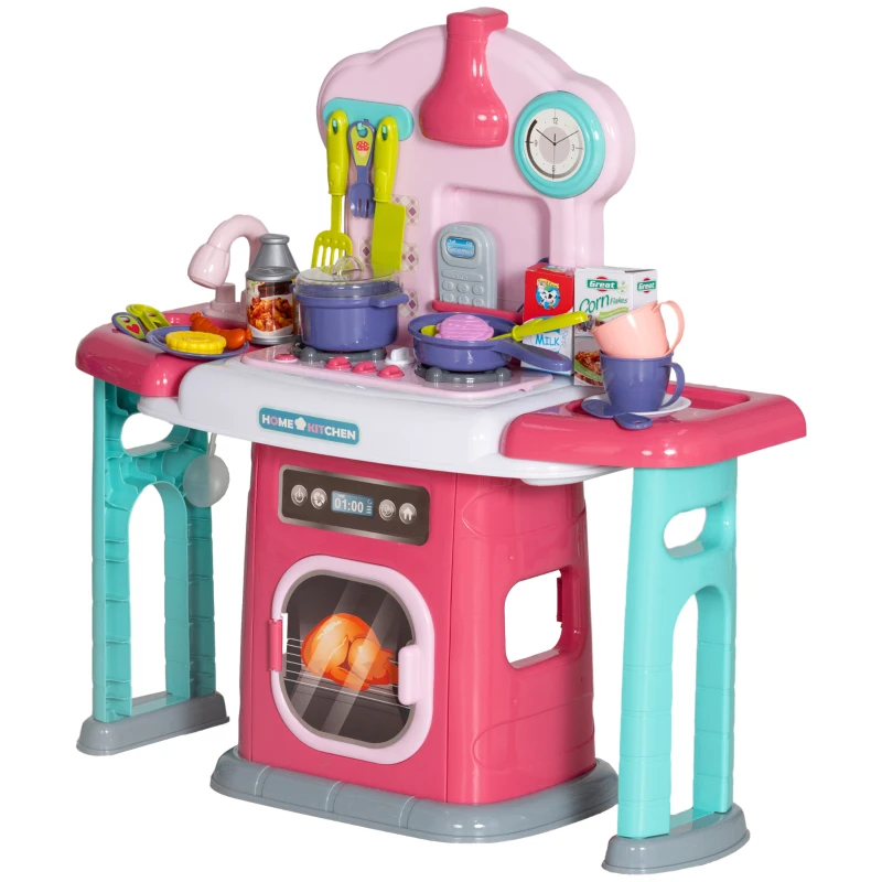 AIYAPLAY 45-Piece Kids Kitchen, Toy Kitchen, with Rotating Side Tables, Lights, Sound Spray